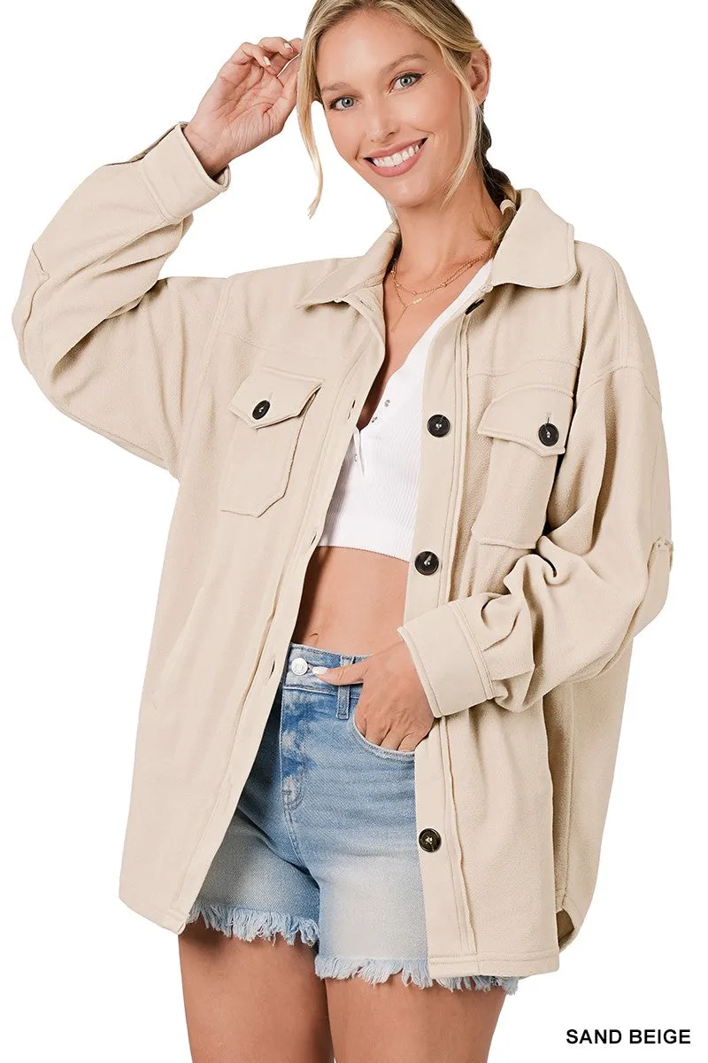 Sand Beige Oversized Basic Fleece Shacket