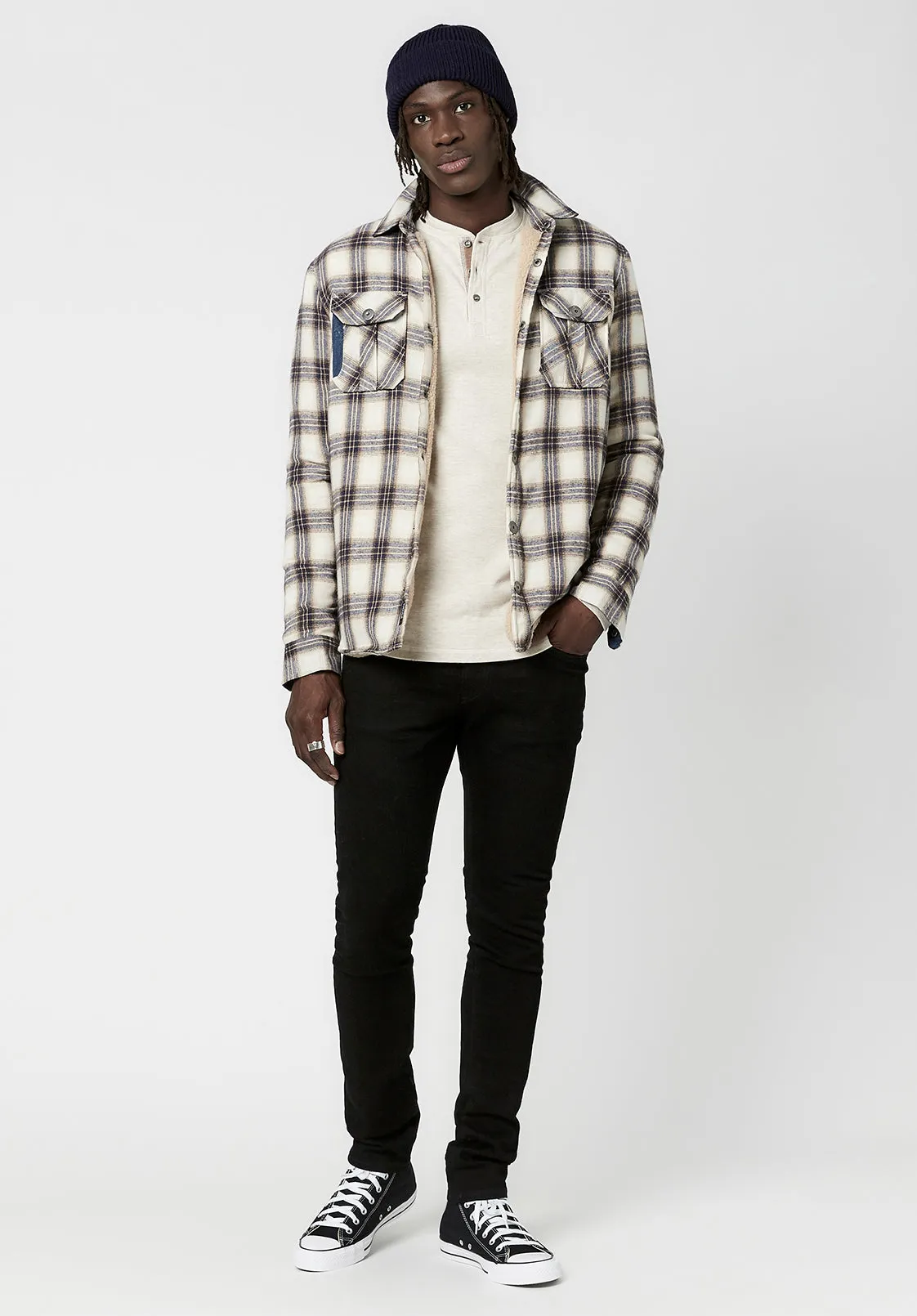 Saxul Men's Shearling Shacket in White Plaid - BM23669