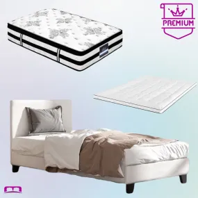 Single Premium Package | Coogee Bed Frame Cuddly White Bouclé, Algarve Euro Top Pocket Spring Mattress (Medium Firm) & Pillowtop Mattress Topper