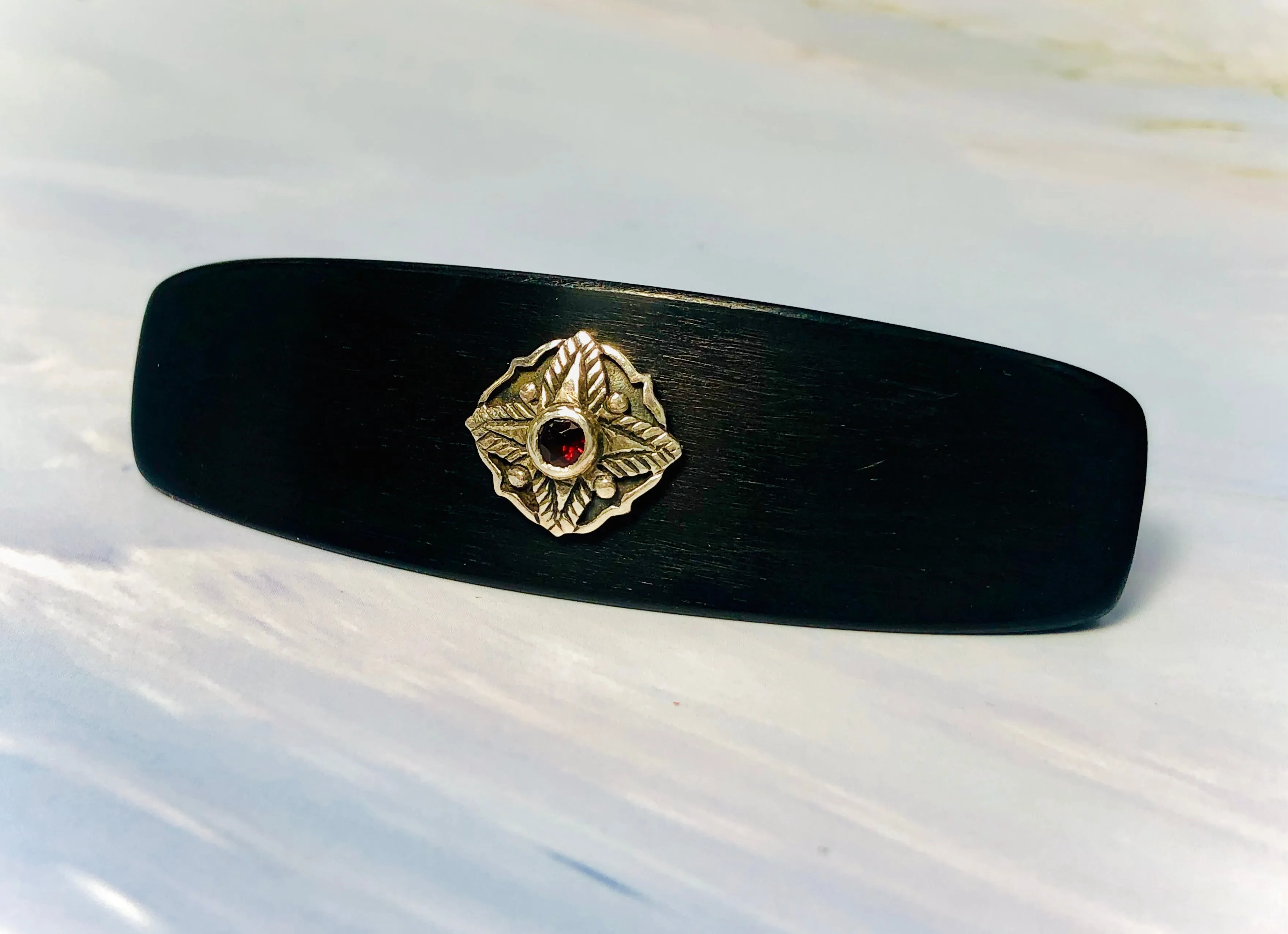 Small Ebony Garnet Silver barrette, Gemstone Barrette Gemstone Hair Clip