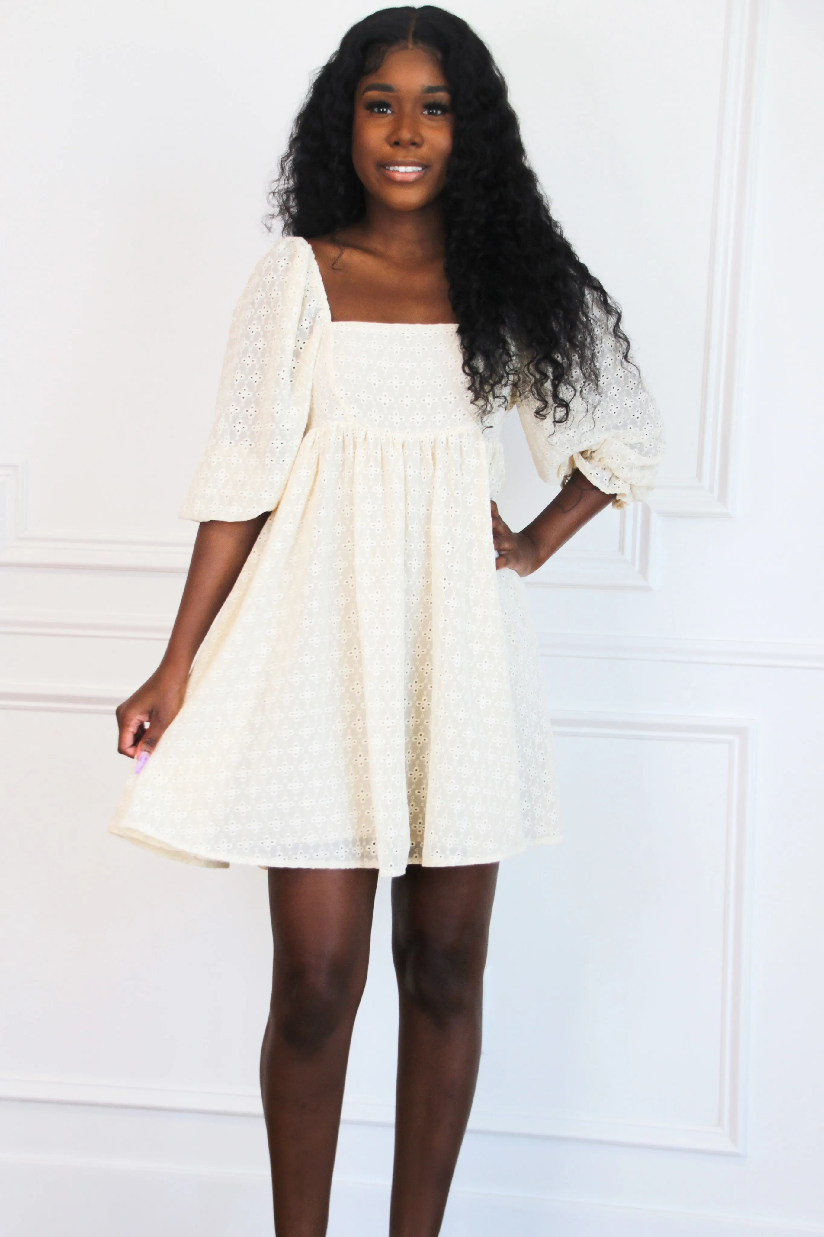 Sweetheart Eyelet Babydoll Dress: Cream