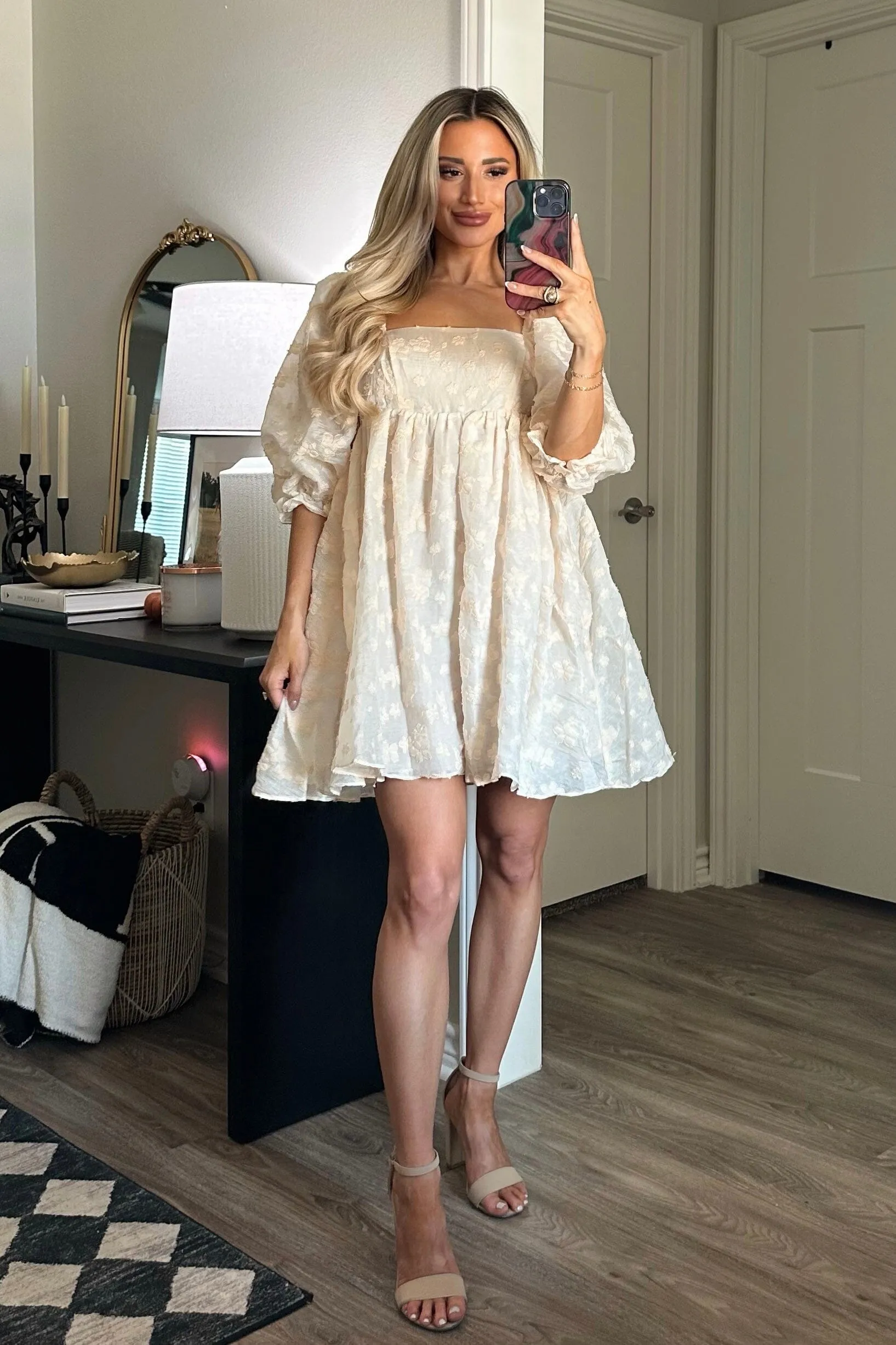 Sweetheart Eyelet Babydoll Dress: Cream