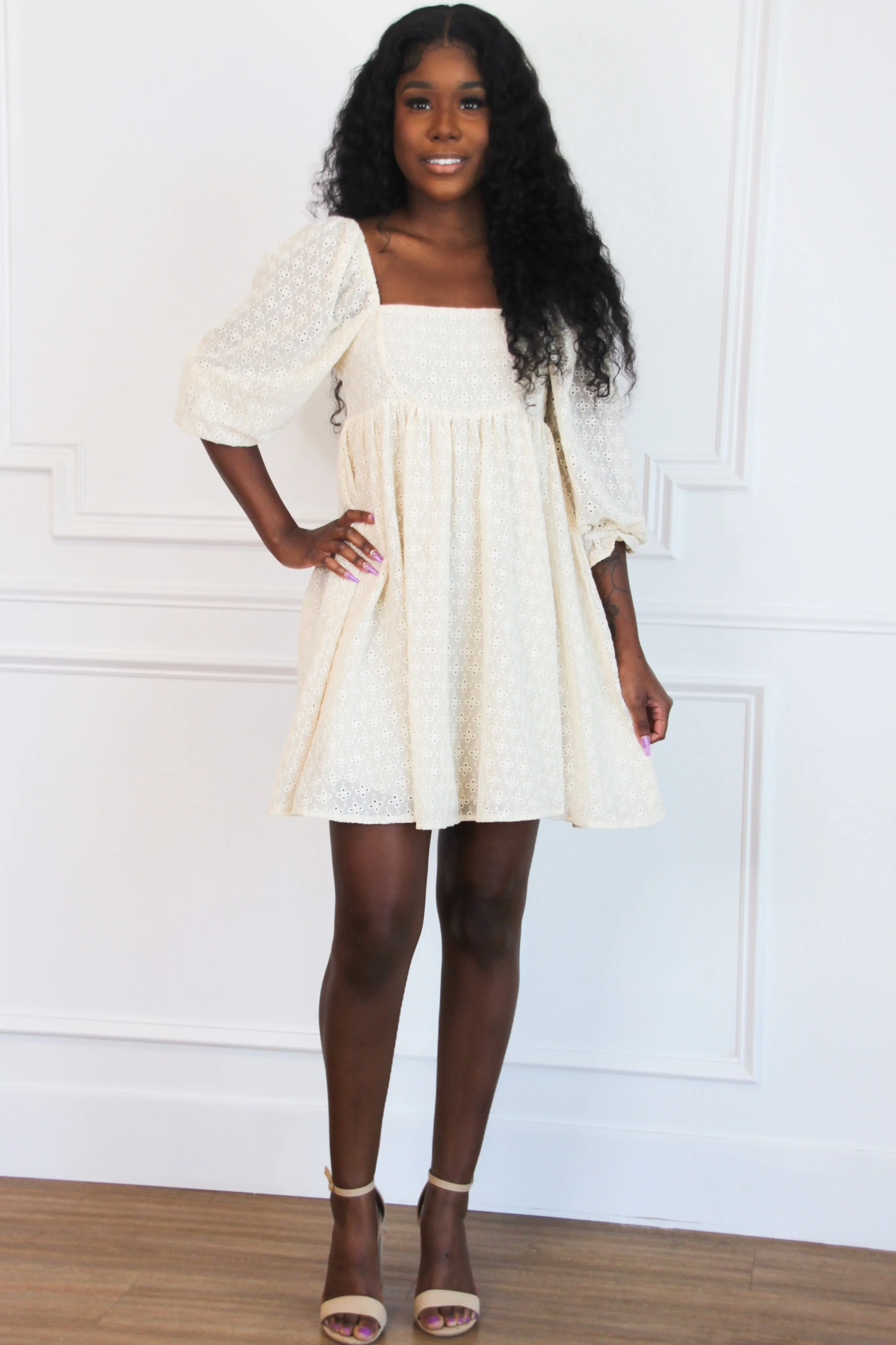 Sweetheart Eyelet Babydoll Dress: Cream