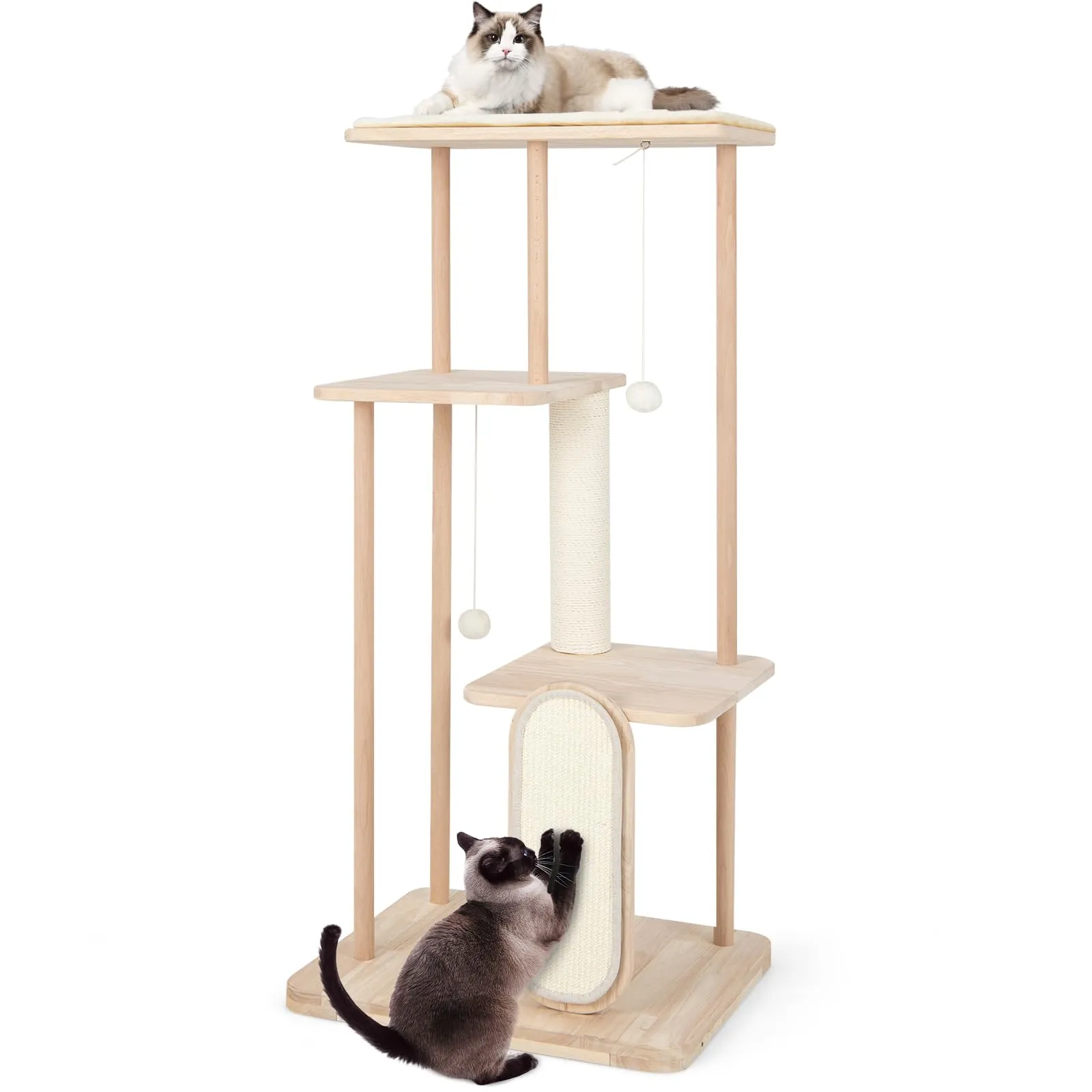 Tangkula Wooden Cat Tree, 50 Inch Tall Cat Tower with Solid Oak & Beech Wood Frame, Scratching Posts & Board