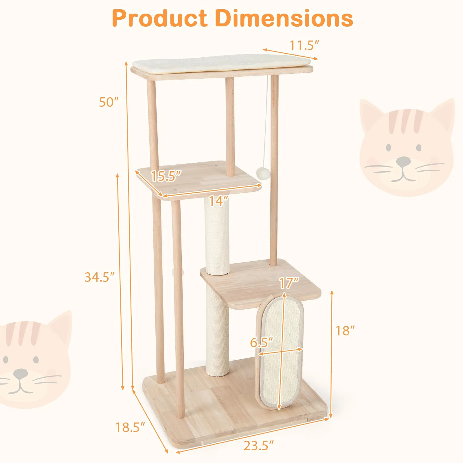 Tangkula Wooden Cat Tree, 50 Inch Tall Cat Tower with Solid Oak & Beech Wood Frame, Scratching Posts & Board